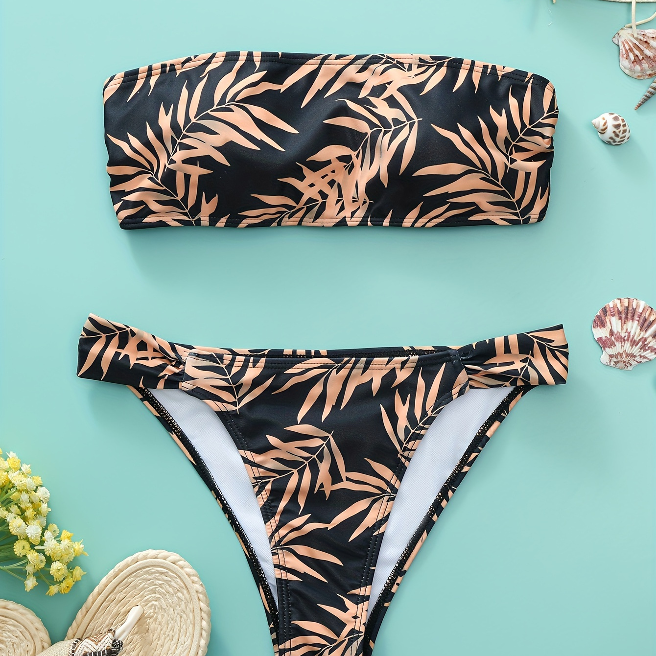 

Tropical Print Bikini Sets, Bandeau Off The Shoulder Strapless Tube Top High Cut Stretchy 2 Pieces Swimsuit, Women's Swimwear & Clothing