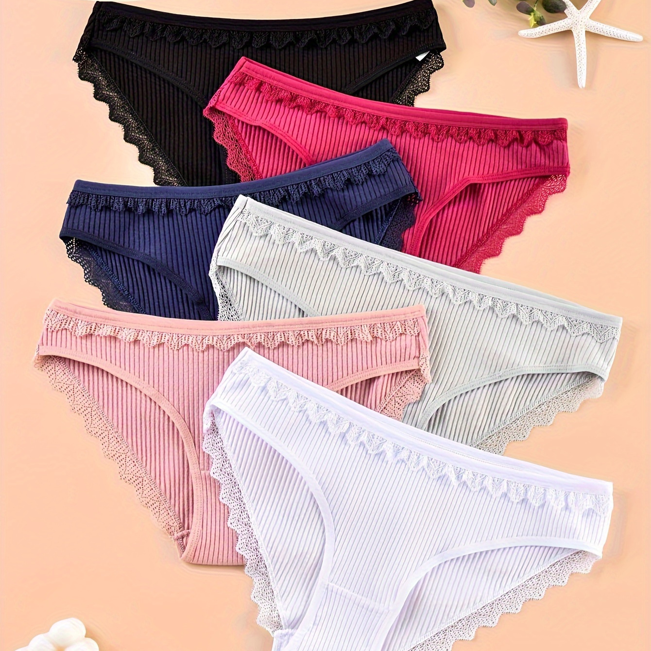

6pcs Lace Trim Briefs, Cute & Sweet Ribbed Intimates Panties, Women's Lingerie & Underwear