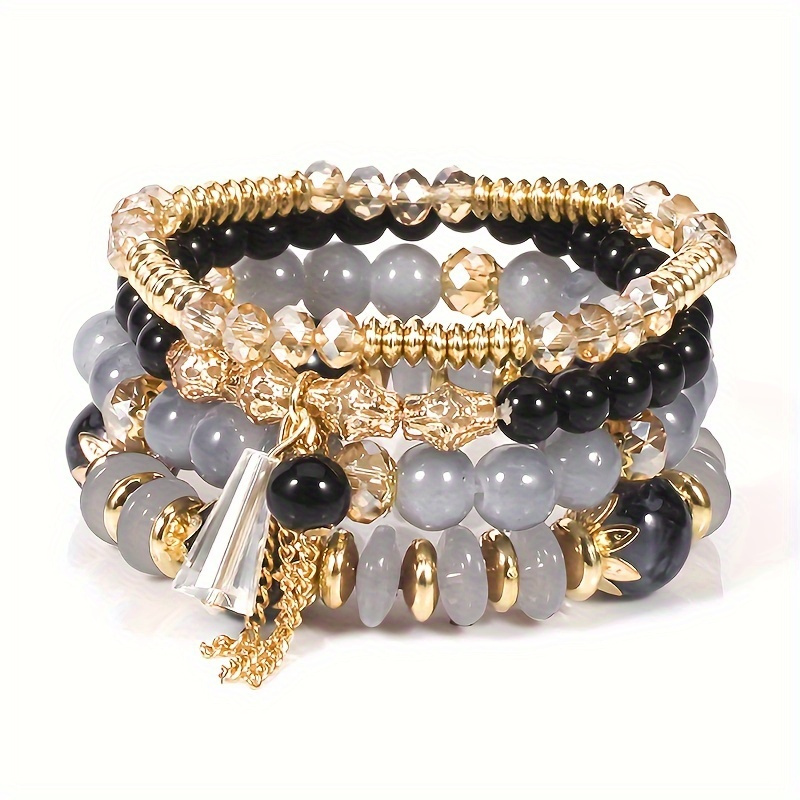 

4pcs/set Bohemian Style Imitation Agate Chain Tassel Colorful Glass Crystal Bracelet Bangle Jewelry Gift