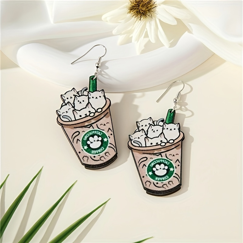 

Cartoon Cat Coffee Cup Earrings - Wood Drop & Dangle With Alloy Hooks, No Plating, Chic Cute Creative Design, Ideal For Daily Wear & Parties - Gift For Friends