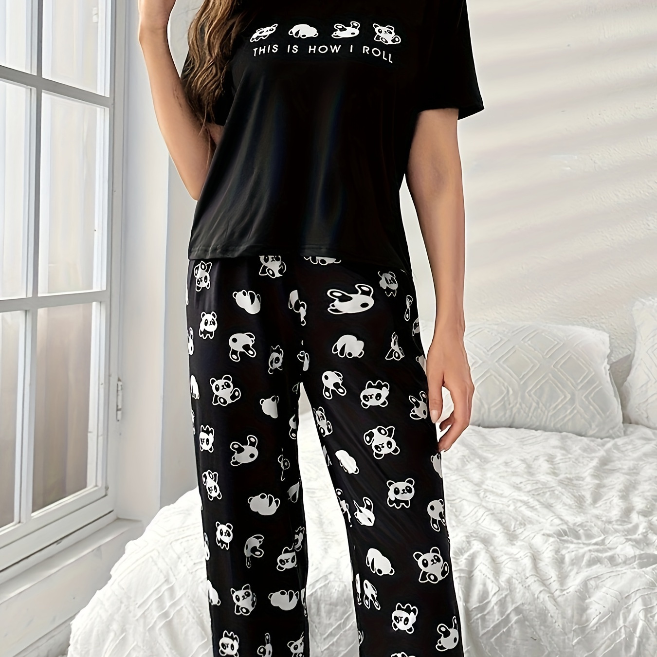 

Women's Cute Panda & Slogan Print Pajama Set, Short Sleeve Round Neck Top & Pants, Comfortable Relaxed Fit