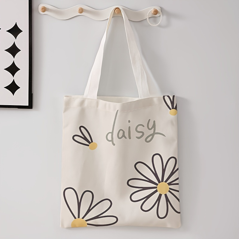 

Daisy Print Dual-sided Tote Bag, Casual Polyester Shoulder Bag With Lettering, Fashionable Multipurpose Handbag, No-closure Shopping Bag, Reusable Grocery Tote | Daisy Motif Bag | No Closure Tote