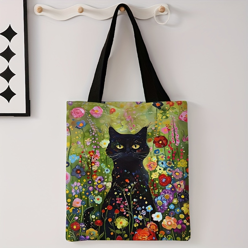 

Floral Cat Print Reusable Tote Bag – Stylish Polyester Shoulder Shopping Bag With & , Casual , Artistic Accessory | Decorative Tote | Colorful Fabric Bag, Cat Purse