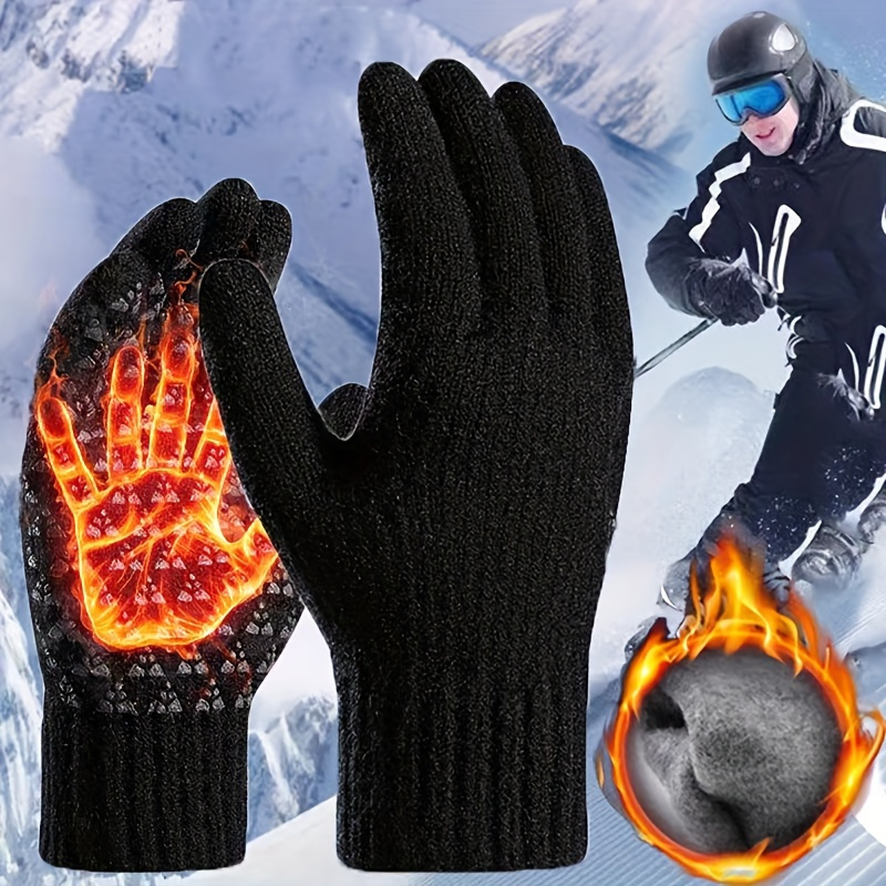 

Fur Lined Thermal Knitted Thicken Gloves, Lightweight Winter Warm Solid Color , Outdoor Skiing Gloves