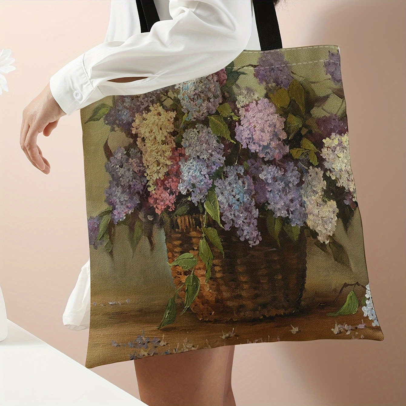 

Floral Print Canvas Handbag For Women Girls, Reusable Large Shopping Grocery Bag, Students Lightweight Leisure Shoulder Bag