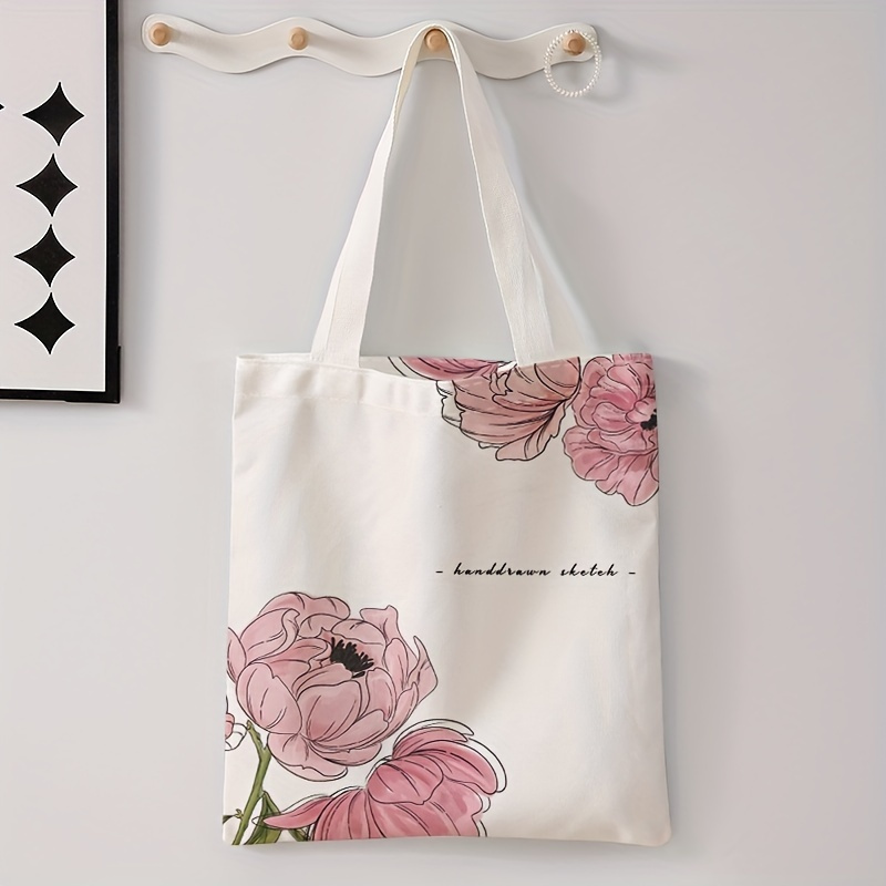 

Reusable Floral Print Tote Bag Polyester Handbag With Lettering, Fashionable Multi-purpose Canvas Shopper Bag, No-closure Shoulder Carryall