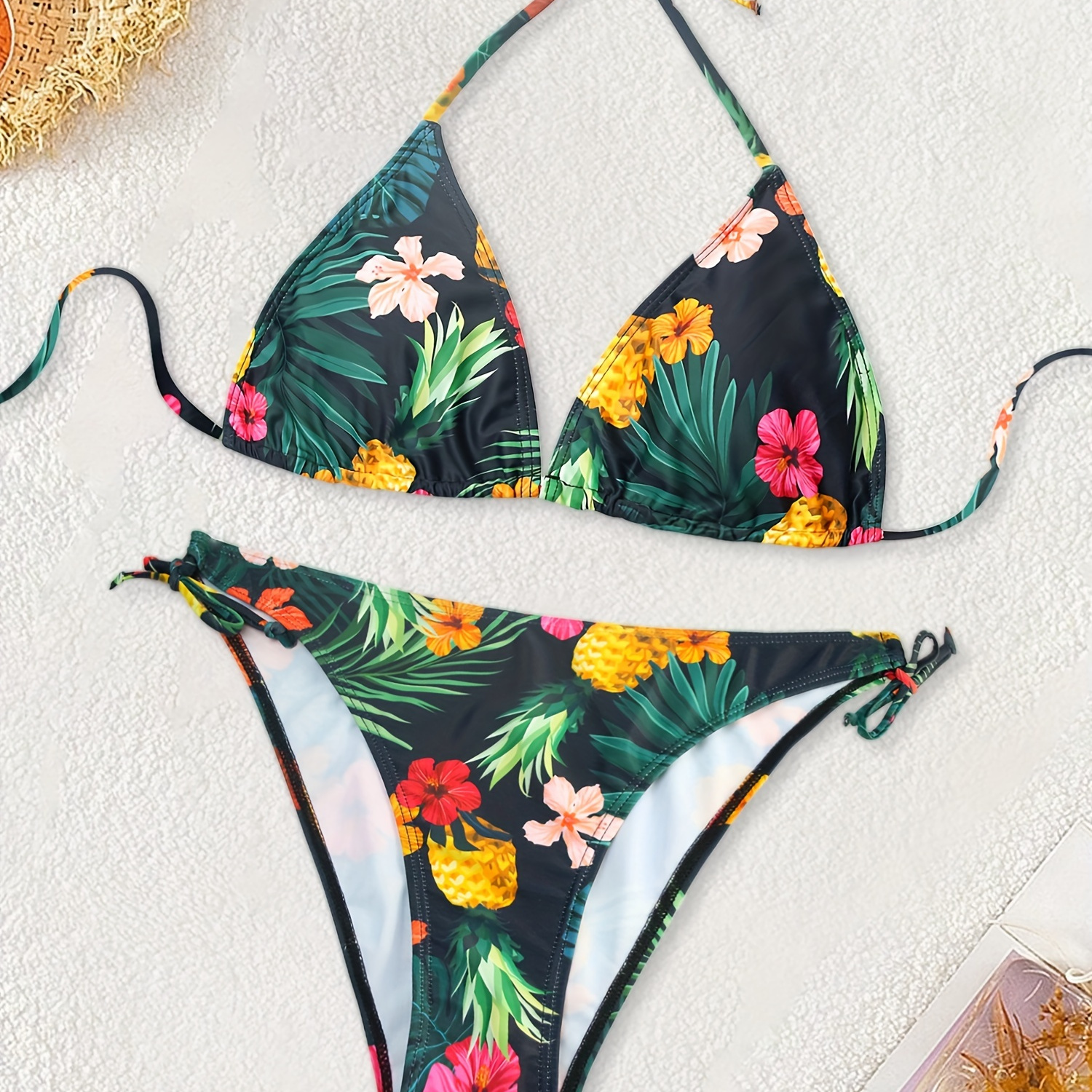 

Tropical Print 2 Piece Set Bikini, Triangle Halter Neck High Cut Swimsuits, Women's Swimwear & Clothing