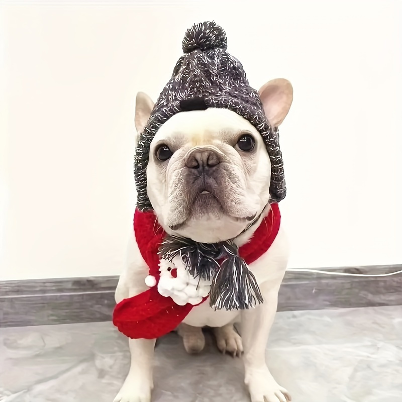 Warm Pet Dog Knitted Hat Soft Winter Warm Dog Hats Windproof Knitting  French Bulldog Hat Chihuahua Knit Snood Headwear Fluffy Ball Pet Hat(M)