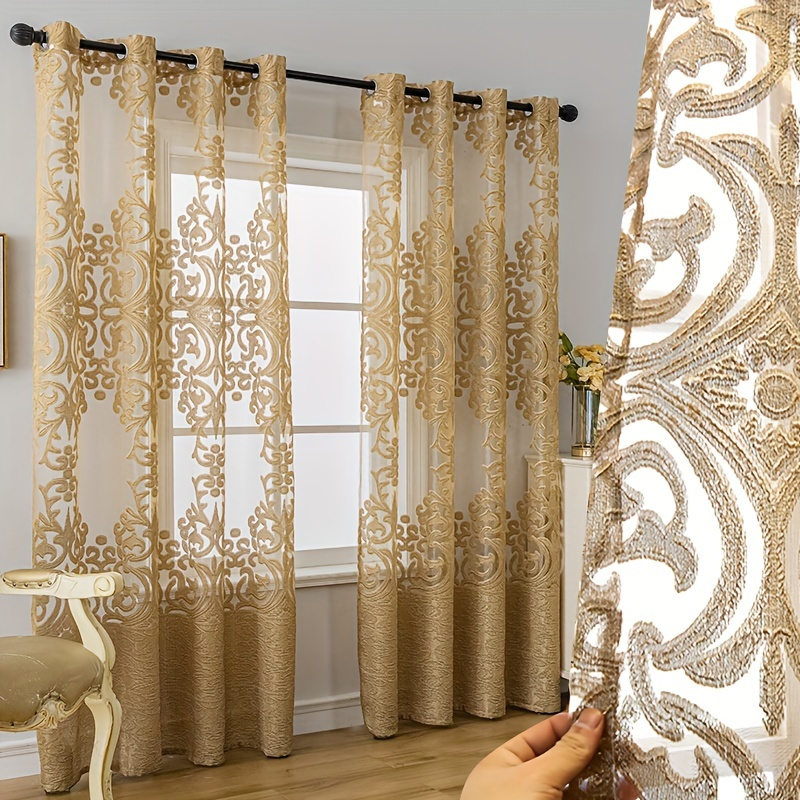 

1pc Golden Jacquard Window Sheer Curtain, Window Treatment For Living Room Bedroom Balcony Home Decor