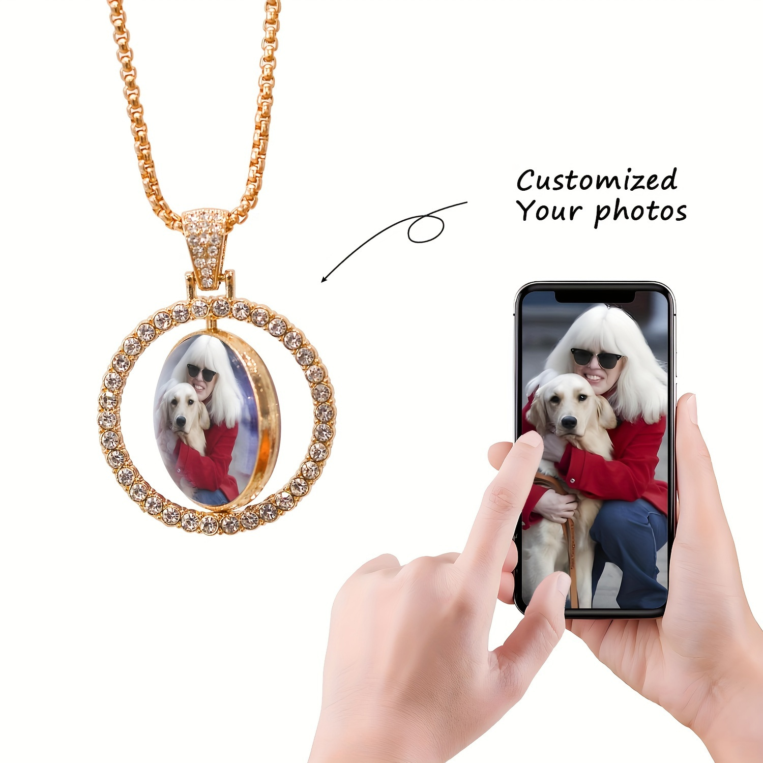 

Obbock Custom Double-sided Photo Pendant Necklace, Personalized Crystal Picture Locket, Hip Hop Jewelry Memorial Keepsake For Family, Pet, Friends, Full Color Image Engraved Chain