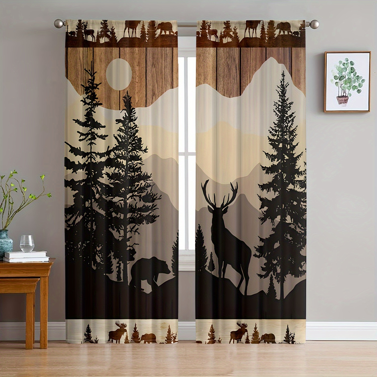 

2pcs Set Animal Curtains - Cute Brown Bear & Deer Design, Semi-transparent Rod Pocket Drapes For Living Room And Bedroom Decor