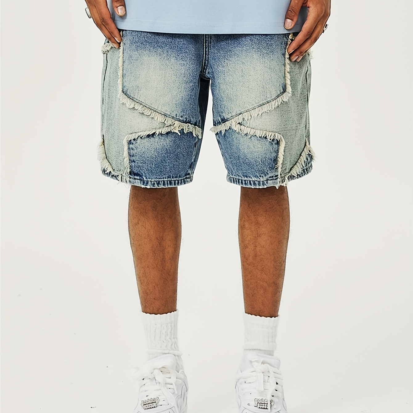 

Men's Casual Loose Fit Denim Shorts With Fancy Embroidered Design, Knee-length Jorts With Pockets, Summer Street Style Fashion