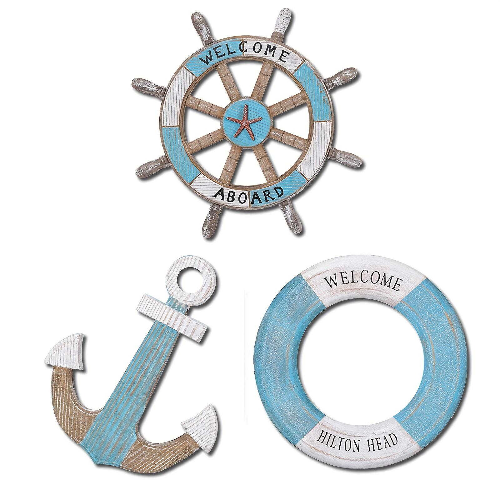 

Nautical Wall Decor Set Of 3 - Wooden Anchor, Ship Wheel & With "welcome " & " Head" , Ocean Themed Hanging , Indoor Maritime Decor Without Electricity