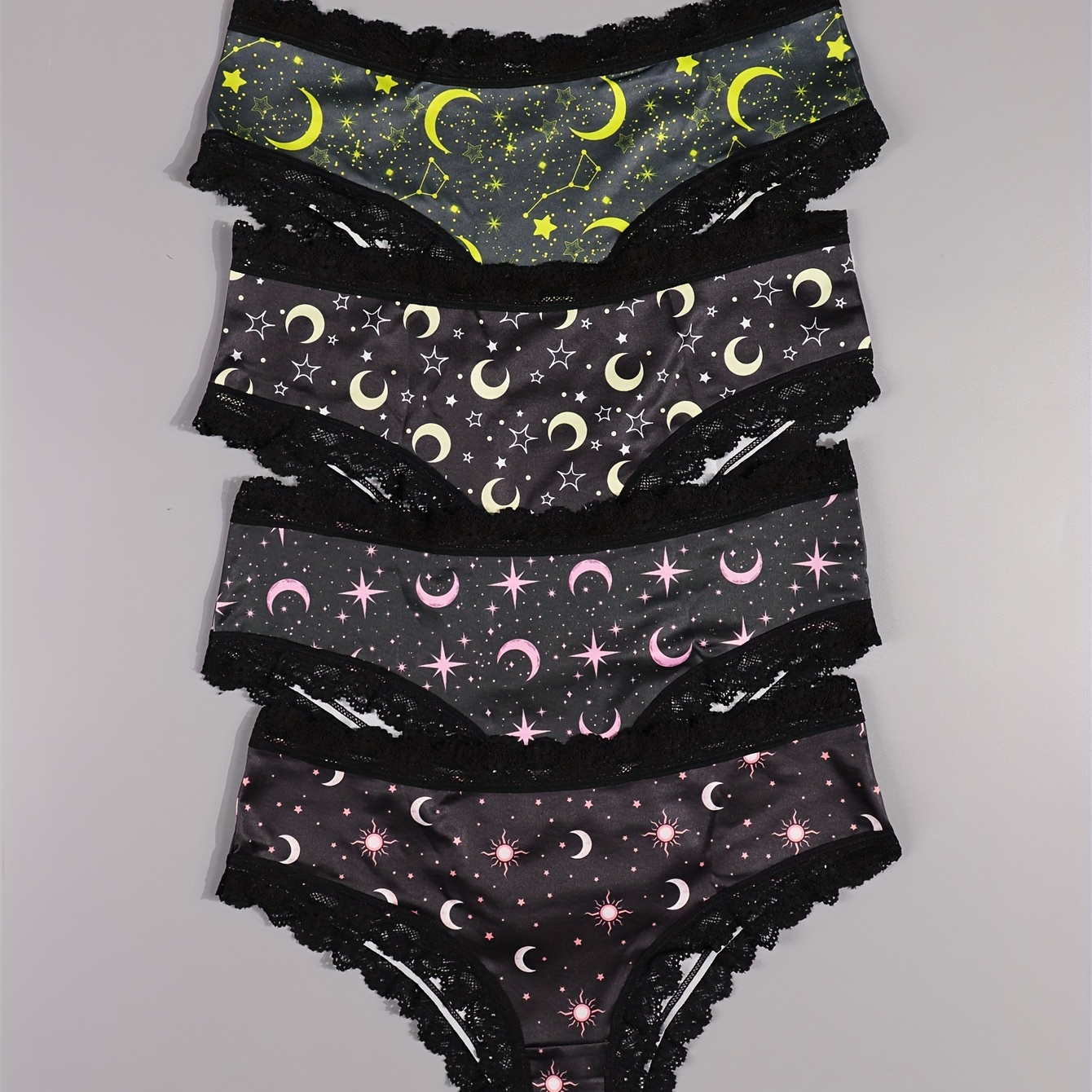 

4pcs Women Sexy Cute Romantic Lace Hipster Panties, Style Scattering Of Stars & & & & Constellations & Crescent Print Intimates Brief Panties, Women's Underwear & Lingerie