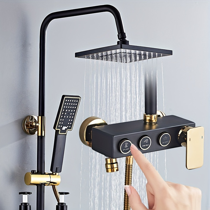 

Luxurious Black & Metallic Shower Set With Handheld Spray - Wall-mounted, Complete System Including Dual Shower Heads And Bathtub Spout For Bathrooms