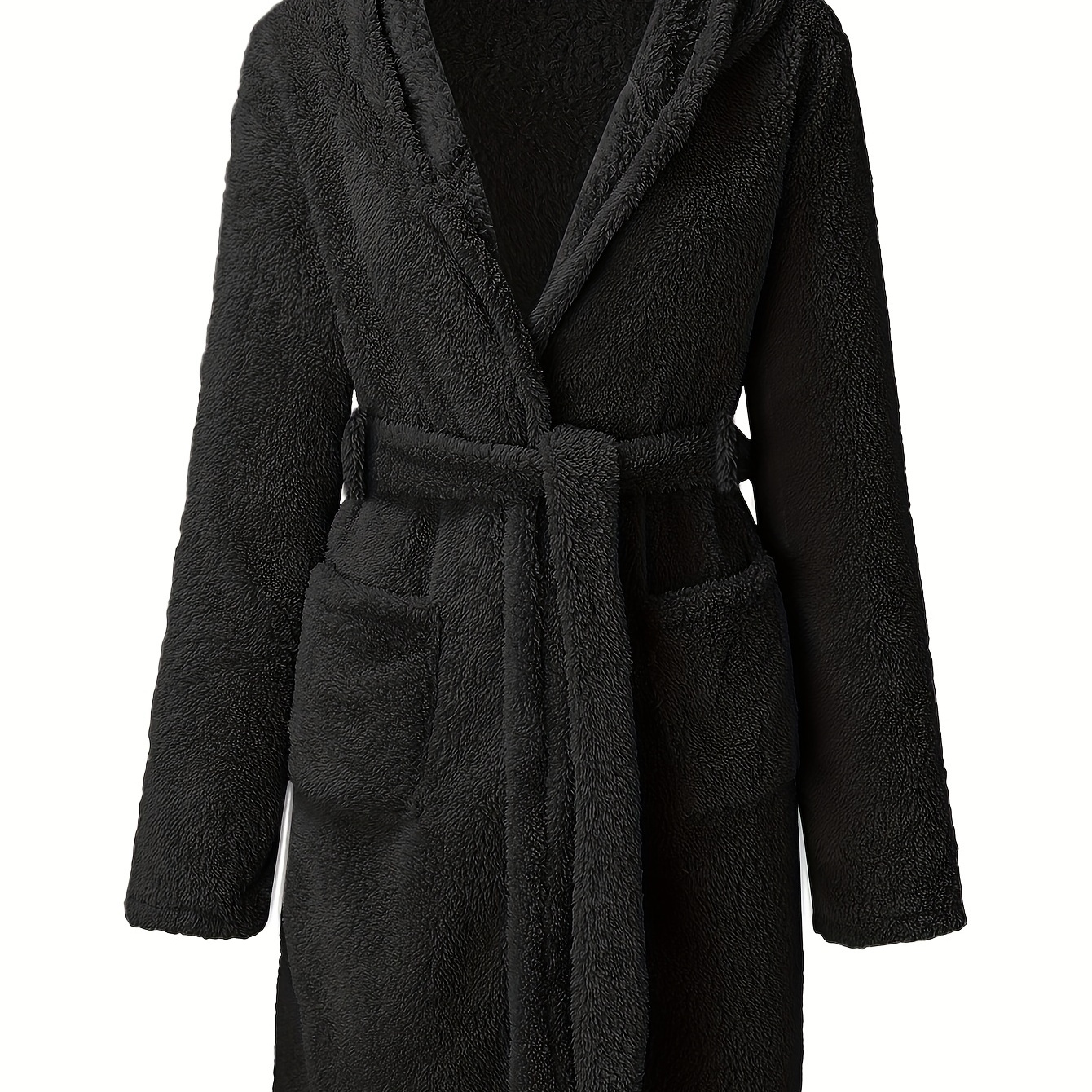 

Simple Solid Fuzzy Night Robe, Casual Long Sleeve Hooded Robe With Belt & Pockets, Women's Sleepwear