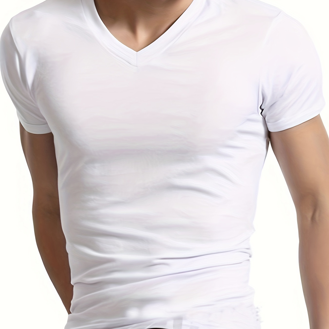 

White V-neck T-shirt - Sleek Polyester & Elastane Blend, Short Sleeve, Summer Essential | Machine Washable, Solid Color,