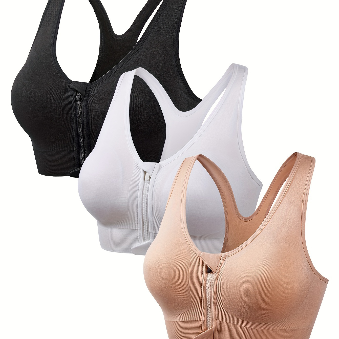 

3 Pack Plus Size Sports Bras Set, Women's Plus Front Zipper Padded Soft Comfort Running Yoga Bras 3pcs Set