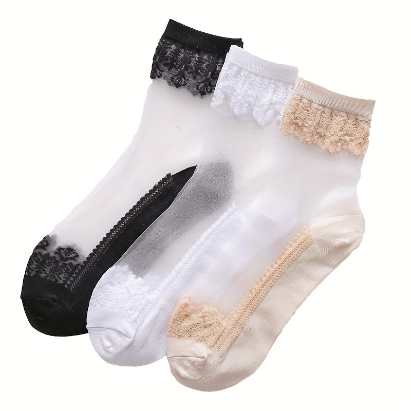 

3 Pairs Thin Lace Mesh Socks, Breathable & Charming Crew Socks, Women's Stockings & Hosiery