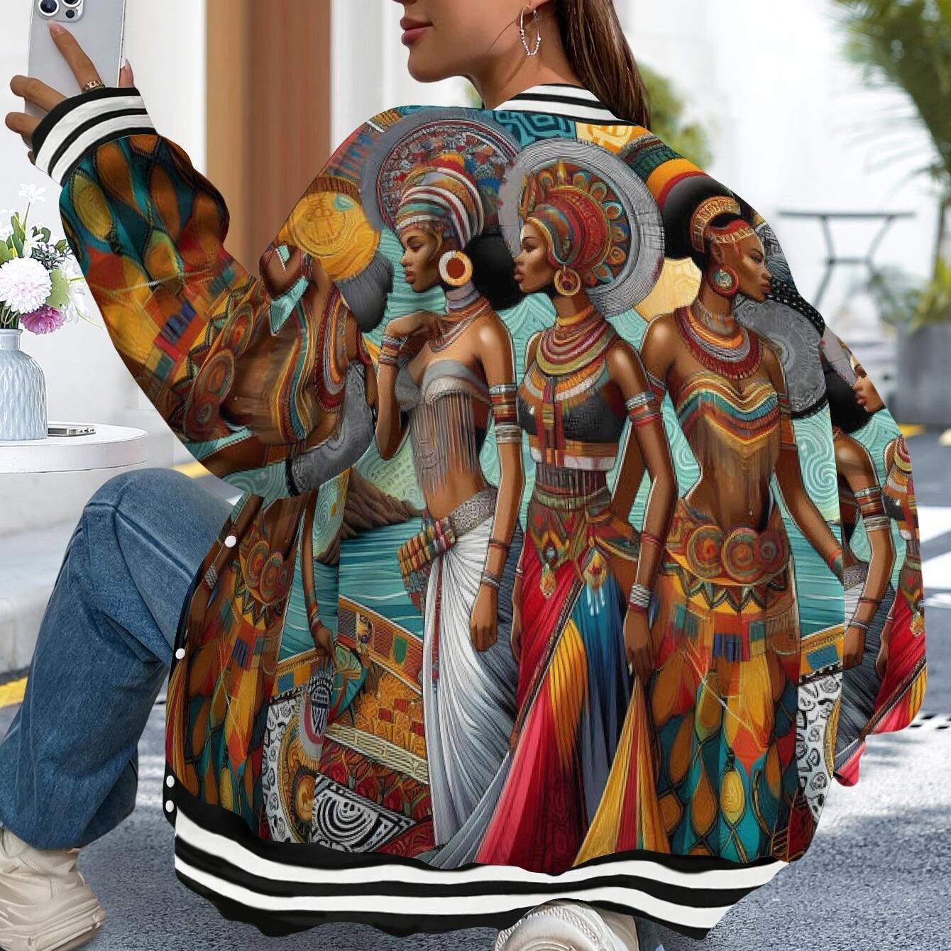 TEMU Women's African Print Baseball Jacket - Bohemian Hoodie With Vibrant Ethnic Graphic, Long Sleeve Fall Winter Casual Wear, Afrocentric Fashion Gift