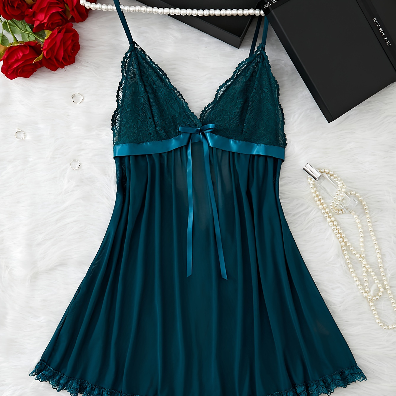 

Solid Bow Decor Contrast Lace Nightgown, Sexy V Neck Backless Mini Slip Dress, Women's Sleepwear