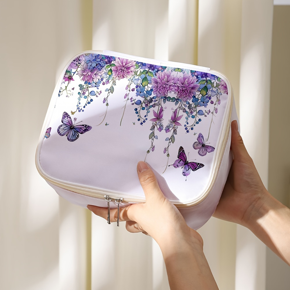 

Floral Large Capacity Cosmetic Case - Portable Travel Makeup Organizer Bag With Zip Closure For Cosmetics, Brushes & Accessories, Polyester, Stylish With Multi-compartment Design