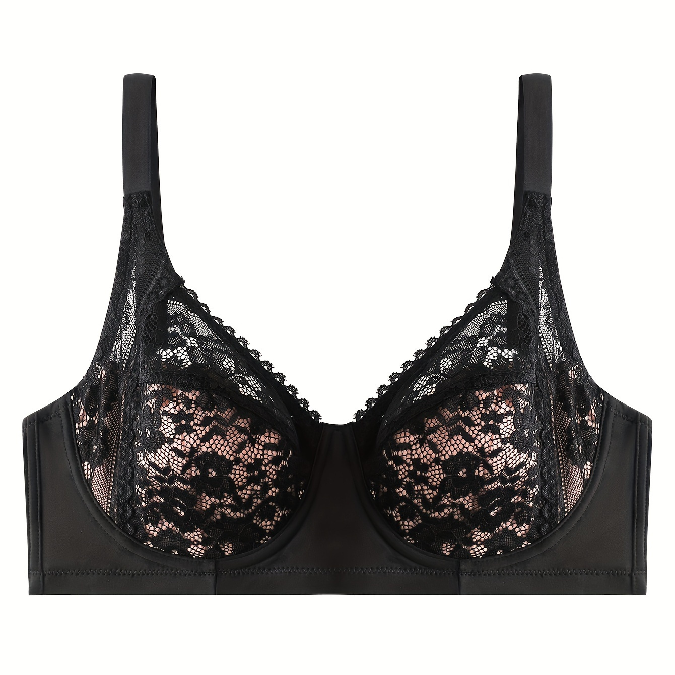 Plus Size Elegant Bra, Women's Plus Floral Lace Non Padded Hook & Eye Push  Up Bra