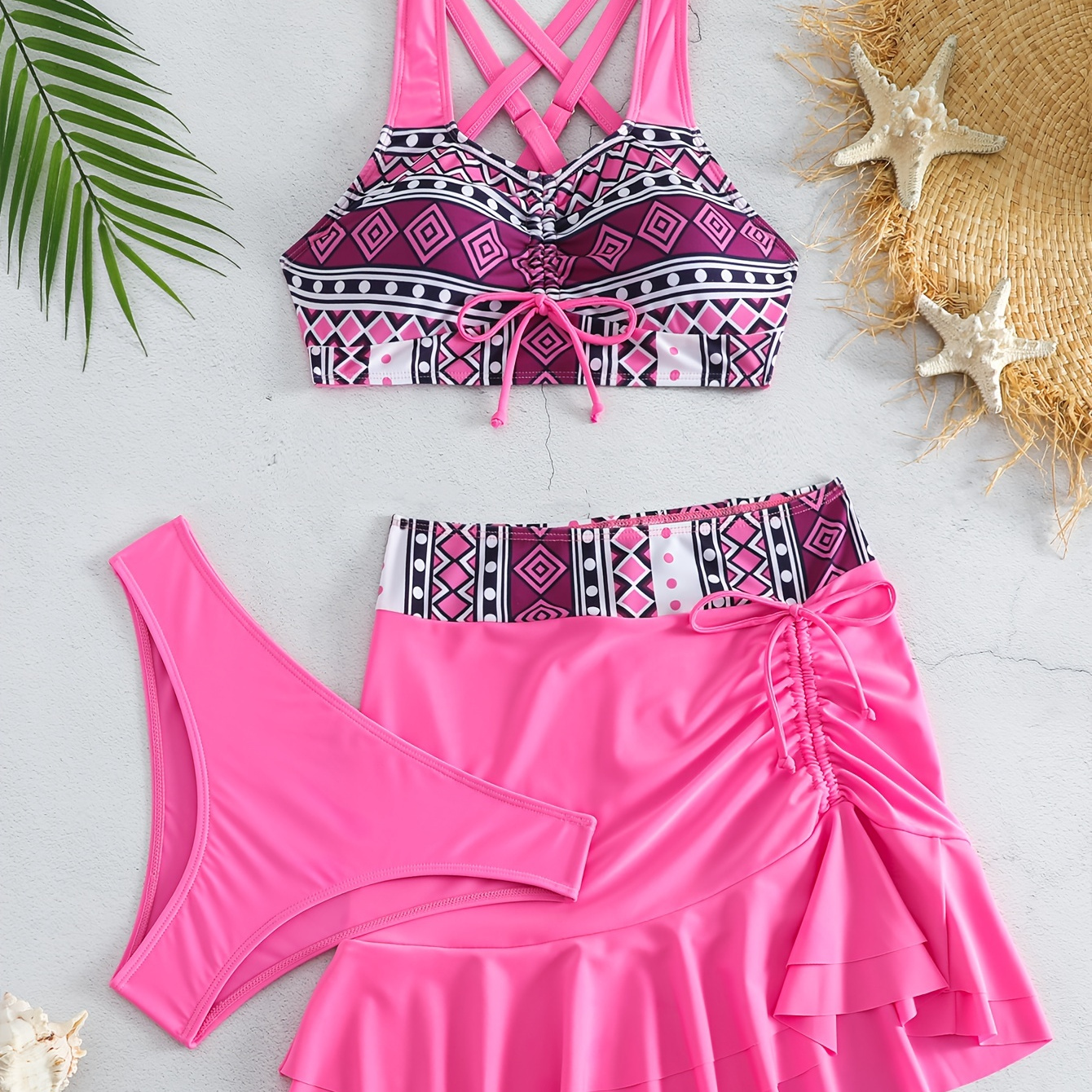

Geometric Print Bow Drawstring 3 Piece Set Tankini, Cross Back High Waist Stretchy Pink Swimsuits, Women's Swimwear & Clothing Valentine's Day