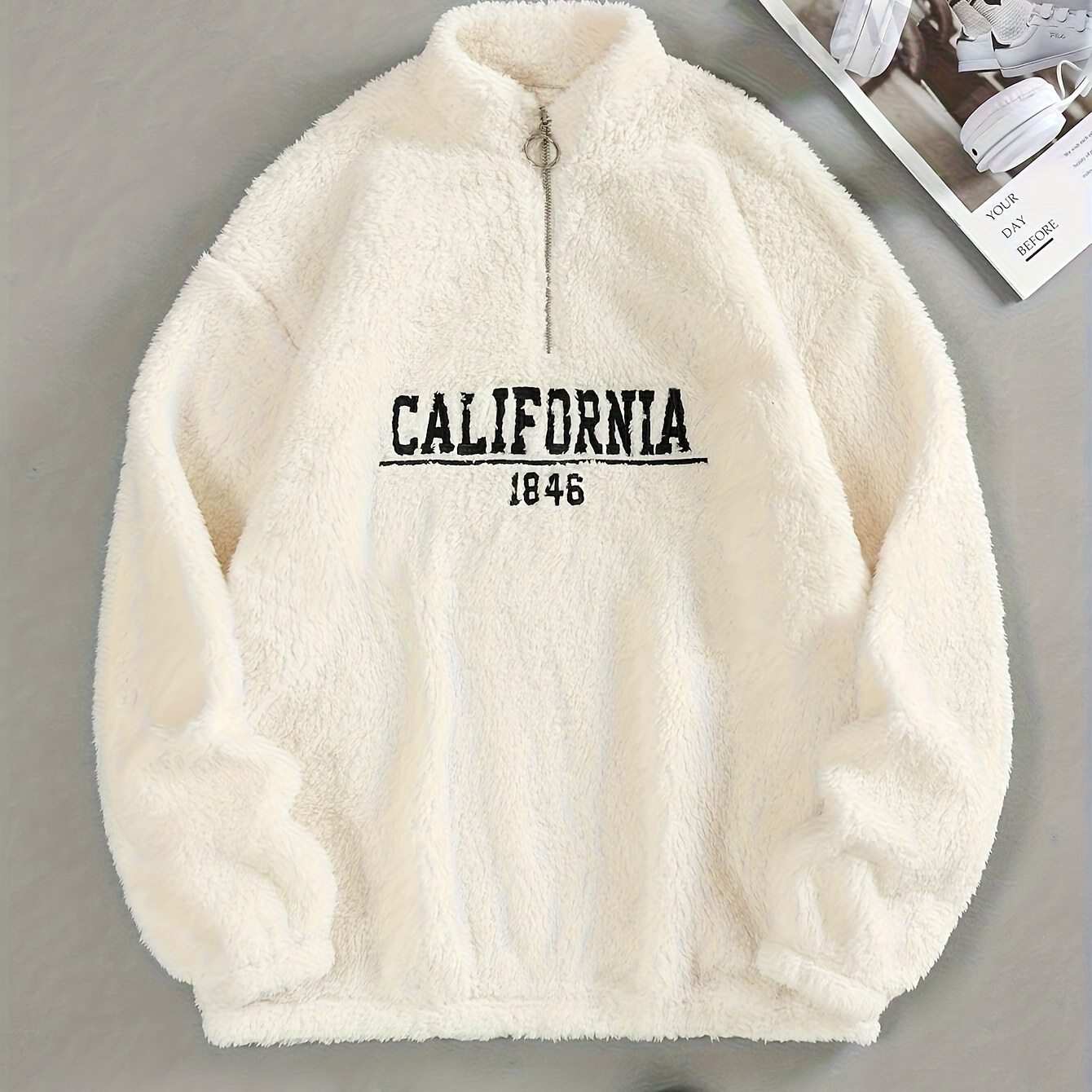 

California 1846 Embroidered Teddy Fleece Sweatshirt, Women's Casual Long Sleeve Stand Collar Pullover, 100% Polyester Knit Fabric, Cozy Fall/winter Outerwear