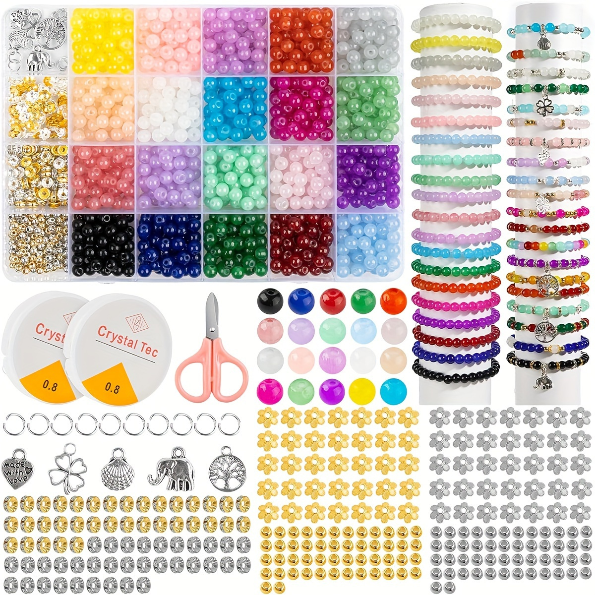 

1258 Pcs 6mm Glass Beads Bracelet Making Kit, 20 Colors Round Glass Loose Beads, Elastic Cord, Charms, Opening Rings, Bohemian Style, For Making Bracelet And Necklace