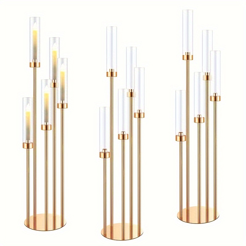 

1pc Gold Metal & Acrylic Candelabra Centerpiece, 5 Arms Taper Candle Holder With Clear Tubes, Elegant Table Decor For Wedding Event Party