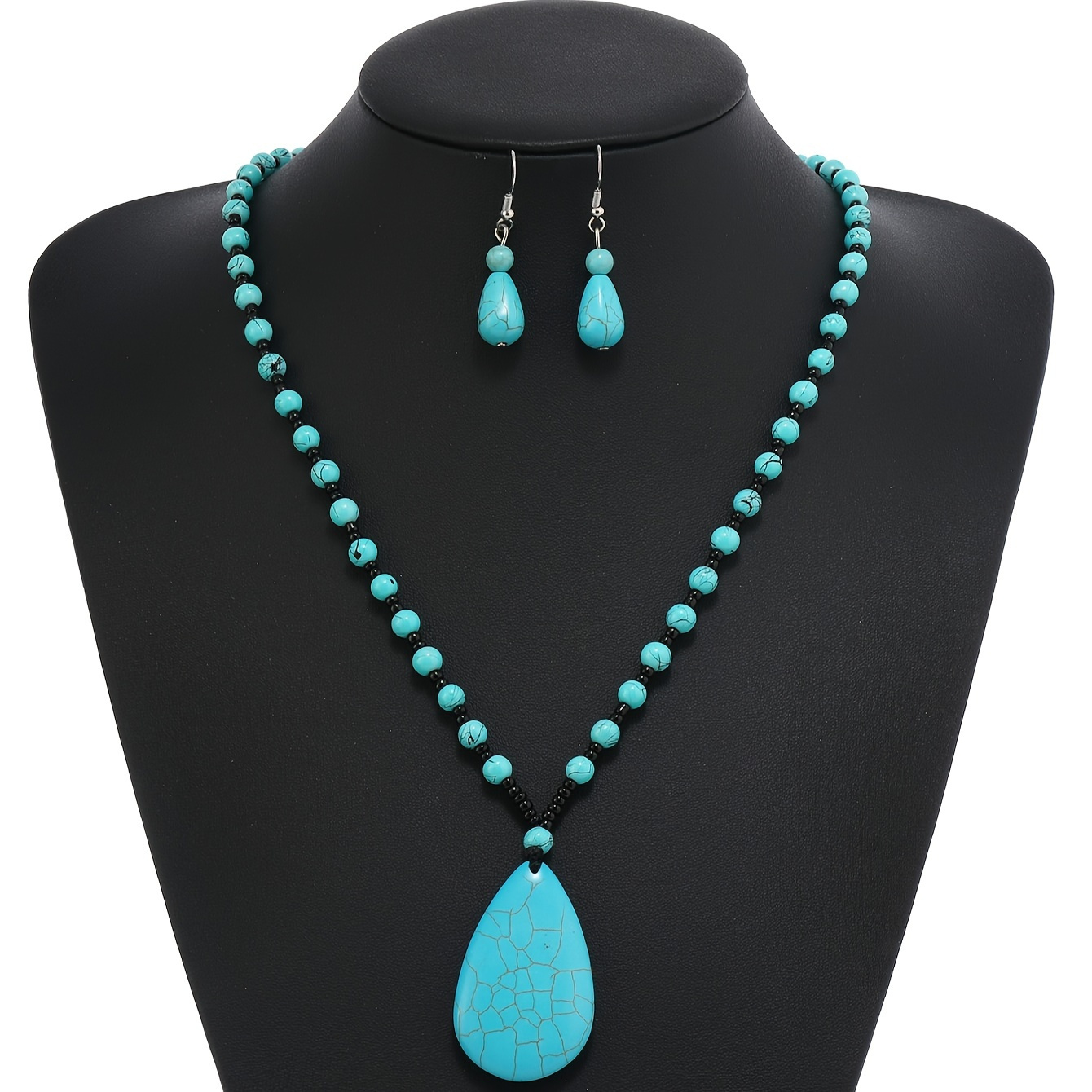 

Bohemian Ethnic Style Jewelry Set Waterdrop Shaped Pendant Necklace And Earrings Set, Retro Beaded Faux Turquoise Artificial Gemstone Jewelry Set For Vacation Wearing