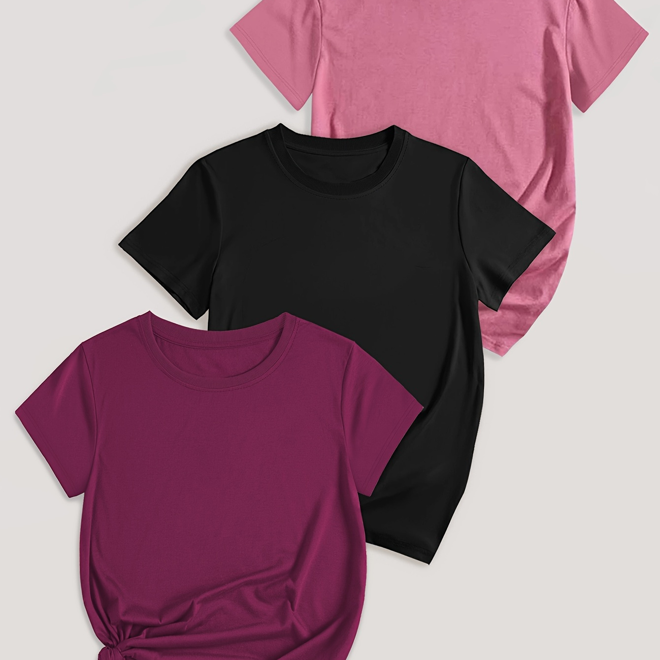 

Solid Color T-shirt 3 Packs, Casual Short Sleeve Crew Neck T-shirt For Spring & Summer, Women's Clothing