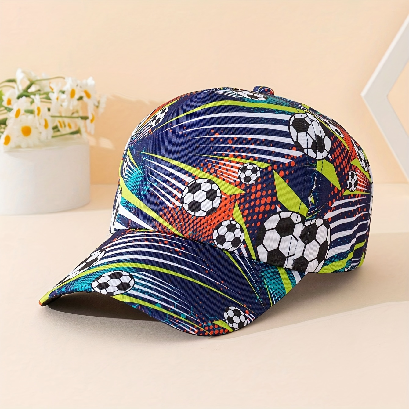 

1pc Boys And Girls Football Element Printed Pattern Cute Sports Casual Breathable Navy Blue Baseball Cap, 4 Seasons Suitable For Outdoor Daily Wear, Back To School Season Gift