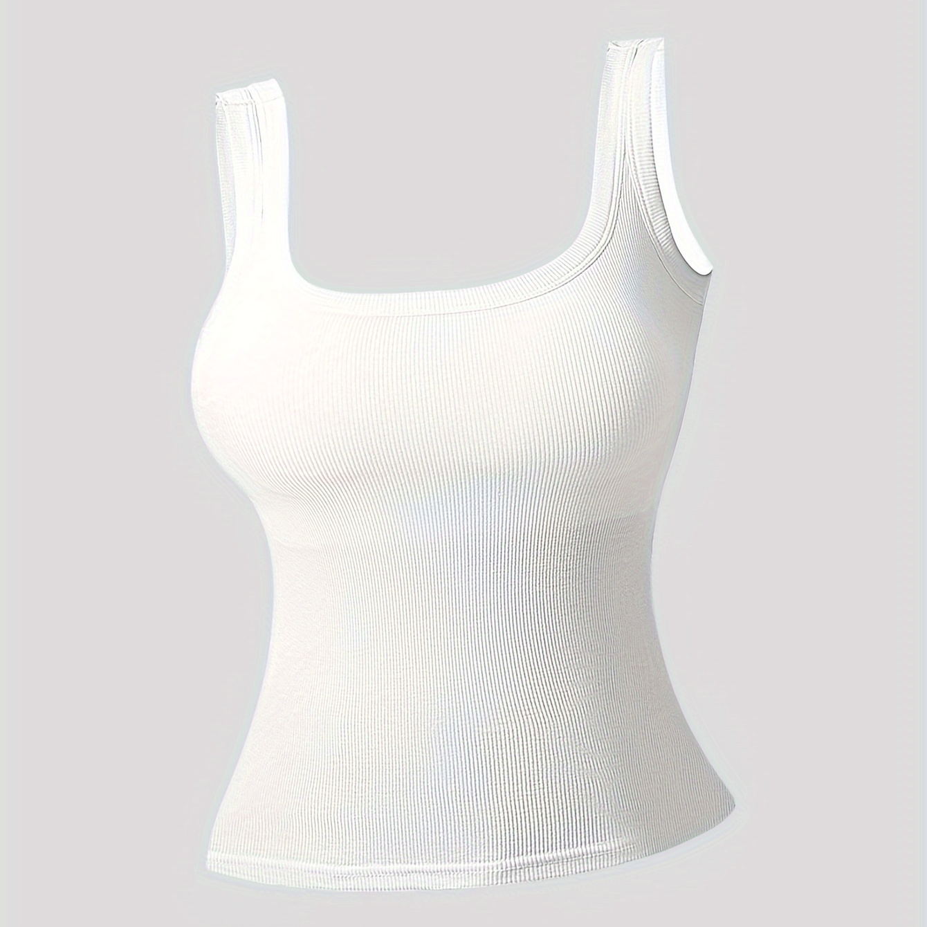 

Simple Solid Square Neck Tank Top, All-match Ribbed Vest Top With Removable Chest Pad, Women's Lingerie & Underwear