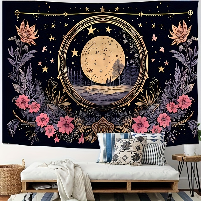 

Vintage Floral Tapestry With Stars, - Polyester Wall Hanging For Living Room, Bedroom Decor - Ideal Gift For