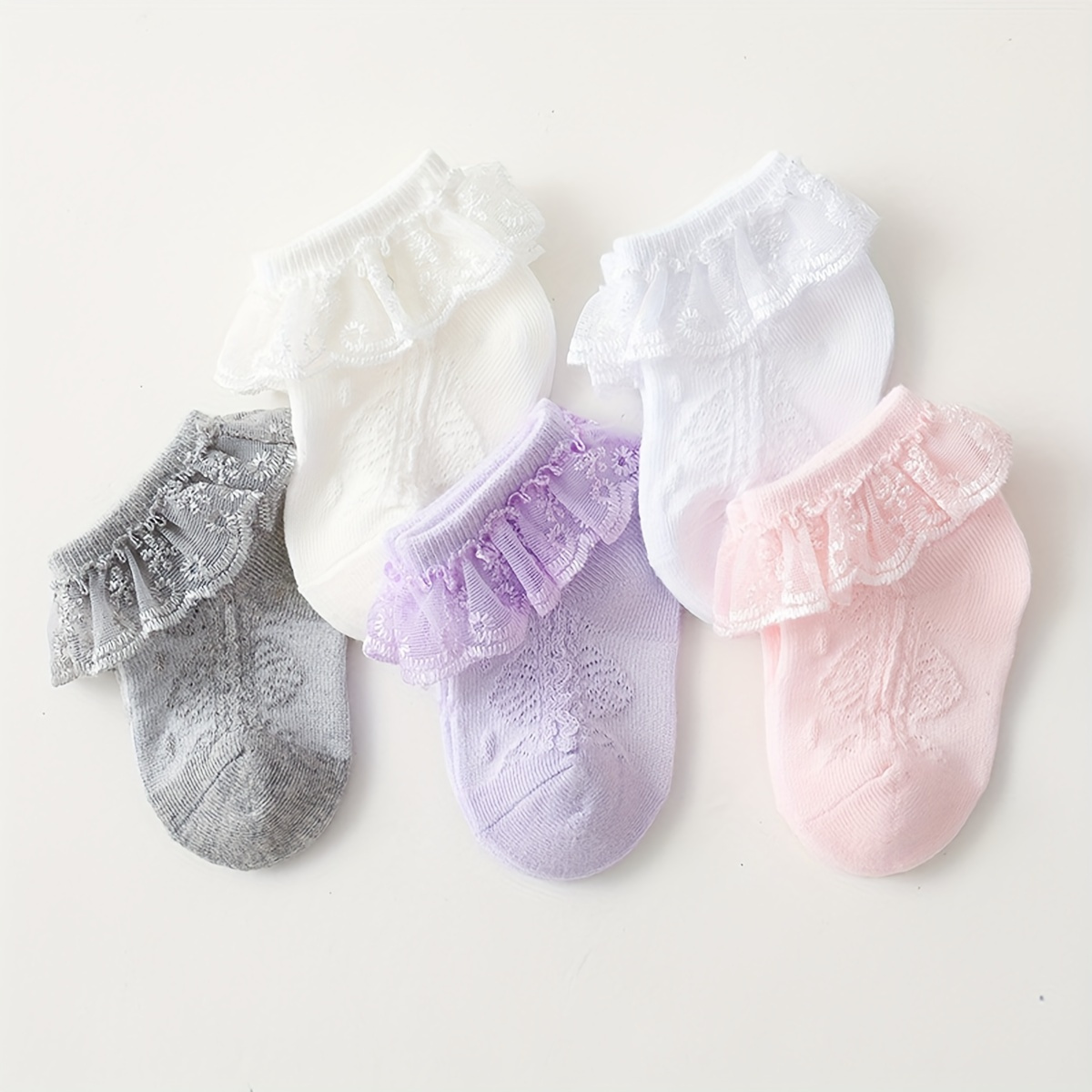 

5 Pairs Of Girl's Lace Ruffle Frilly Trim Crew Socks, Breathable Comfy Dance Princess Socks