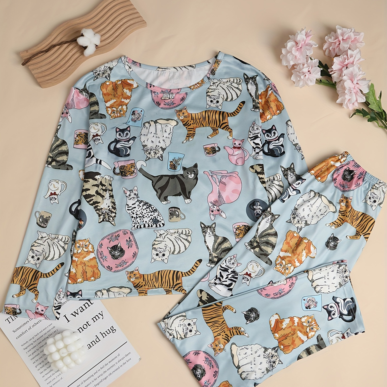 

Cartoon Cat Print Pajama Set, Long Sleeve Crew Neck Top & Elastic Waistband Pants, Women's Sleepwear & Loungewear