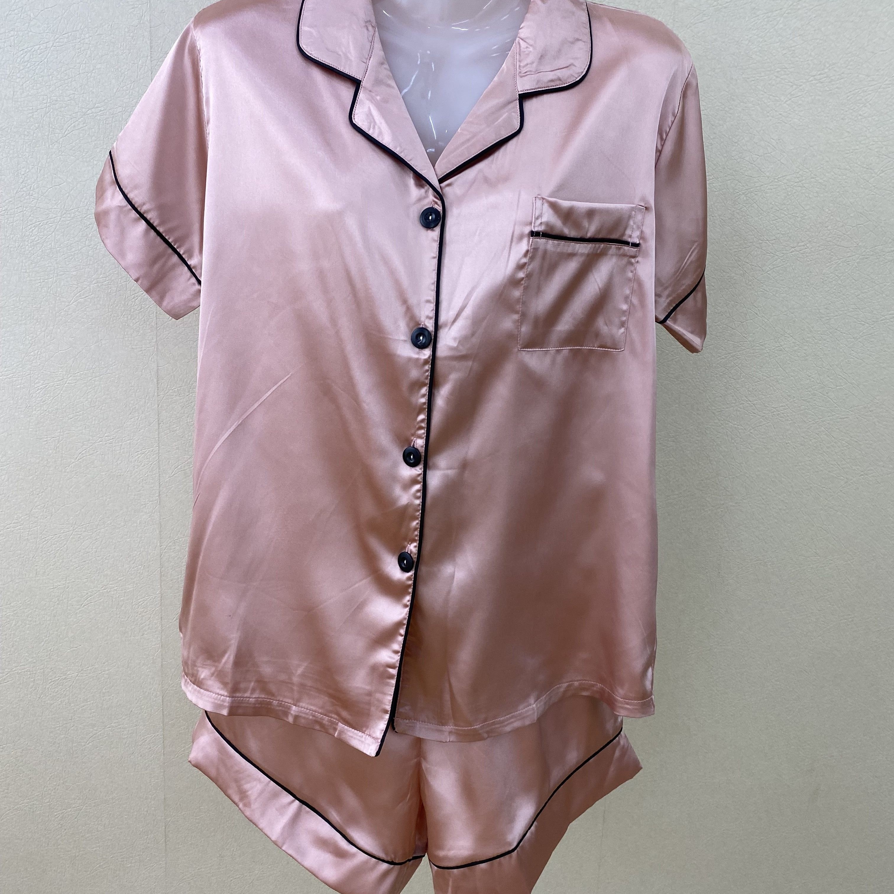 

Women's Solid Satin Casual Pajama Set, Short Sleeve Buttons Lapel Top & Shorts, Comfortable Relaxed Fit