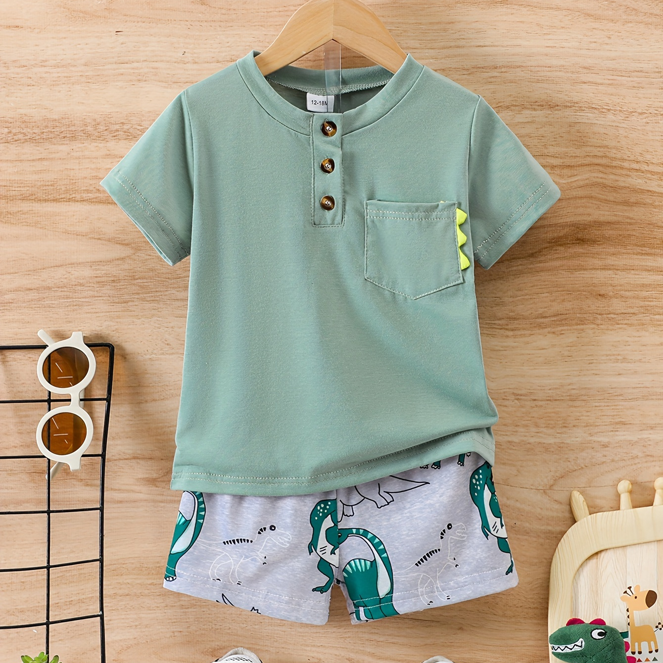 

2pcs Cartoon Dinosaur Print Casual Outfit For Infant & Toddler, Button Decor T-shirt & Elastic Waist Shorts, Baby Boy's Clothes For Beach Vacation Outwear