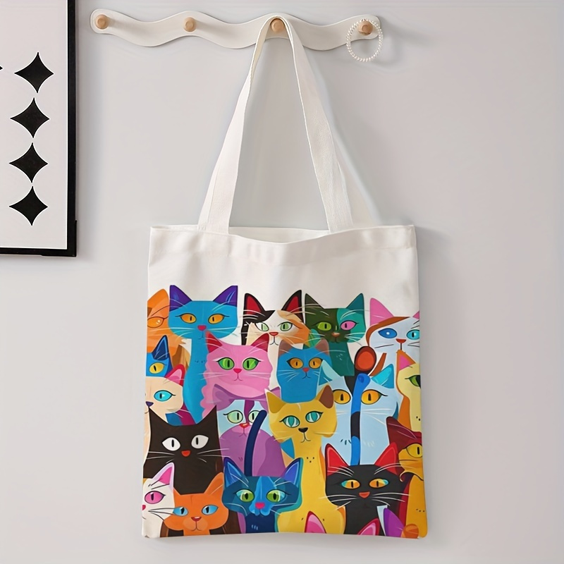 

Colorful Cat Print Tote Bag: Reusable, Fashionable, And Versatile Shopping Bag With Non-closing Design - Made Of Polyester