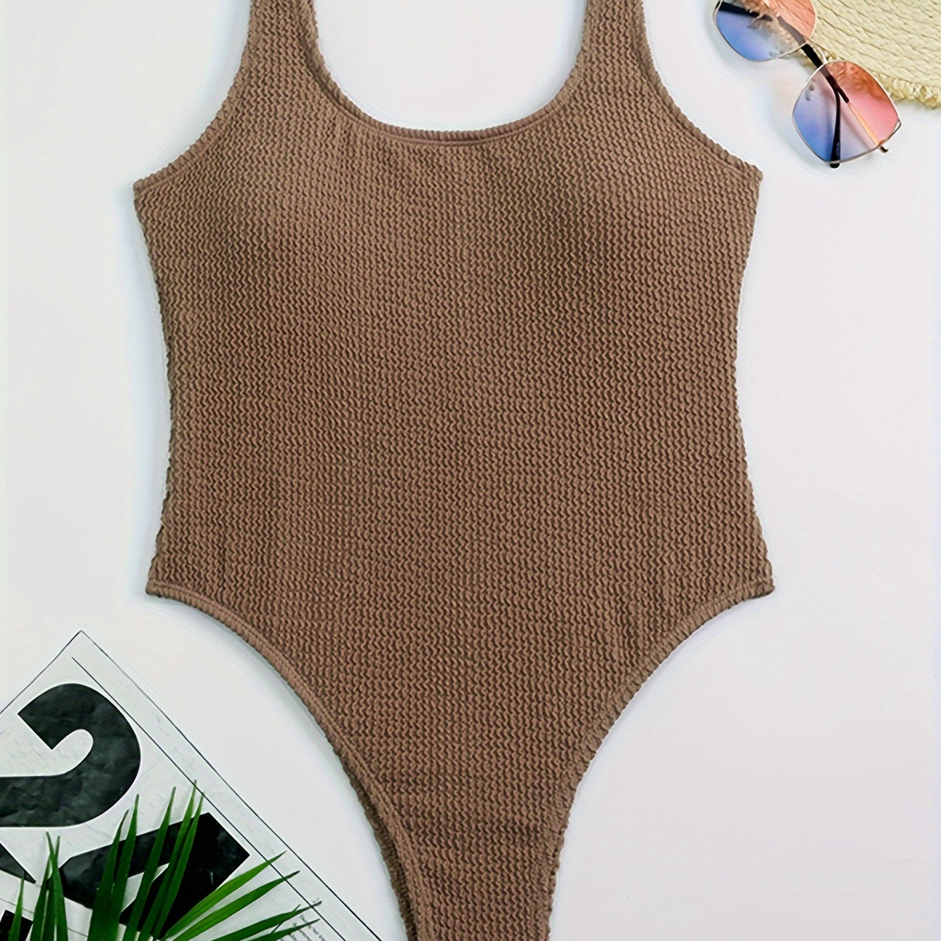 

Plain Brown Crinkle Texture Fabric One-piece Swimsuit, Scoop Neck High Cut Stretch Bathing Suits, Women's Swimwear & Clothing