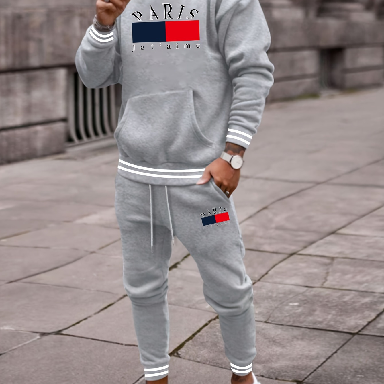

2-piece Paris Print Men's Spring Fall Sports Outfit Set, Men's Hooded Sweatshirt With Kangaroo Pocket & Drawstring Sweatpants Set