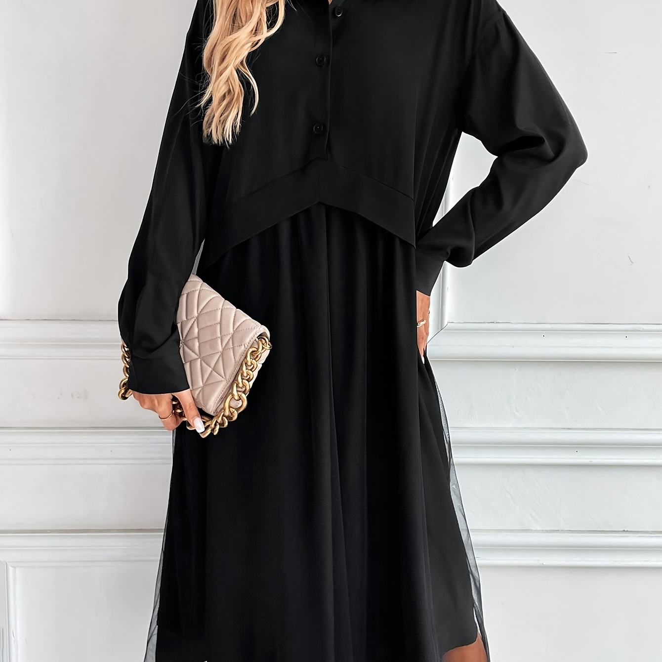 

Elegant Women's Shirt Dress With Sleeves - Casual Loose Fit, Button-up Half , Midi Length With Sheer Panel Detail, Polyester , Machine Washable For , Fashion| Sleeve Dress|sophisticated Design