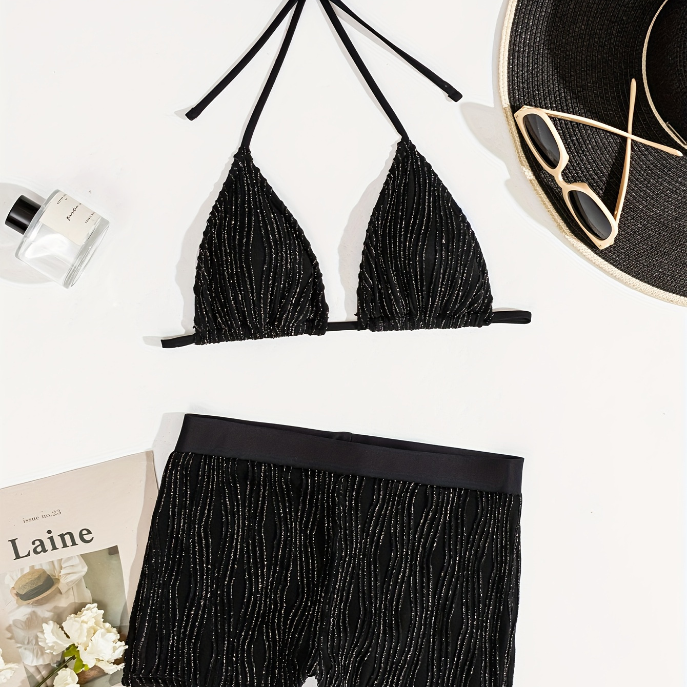 

Pleat Glitter Black 2 Piece Set Bikini, Triangle Halter Tie Strap Top & High Waist Shorts Swimsuits, Women's Swimwear & Clothing