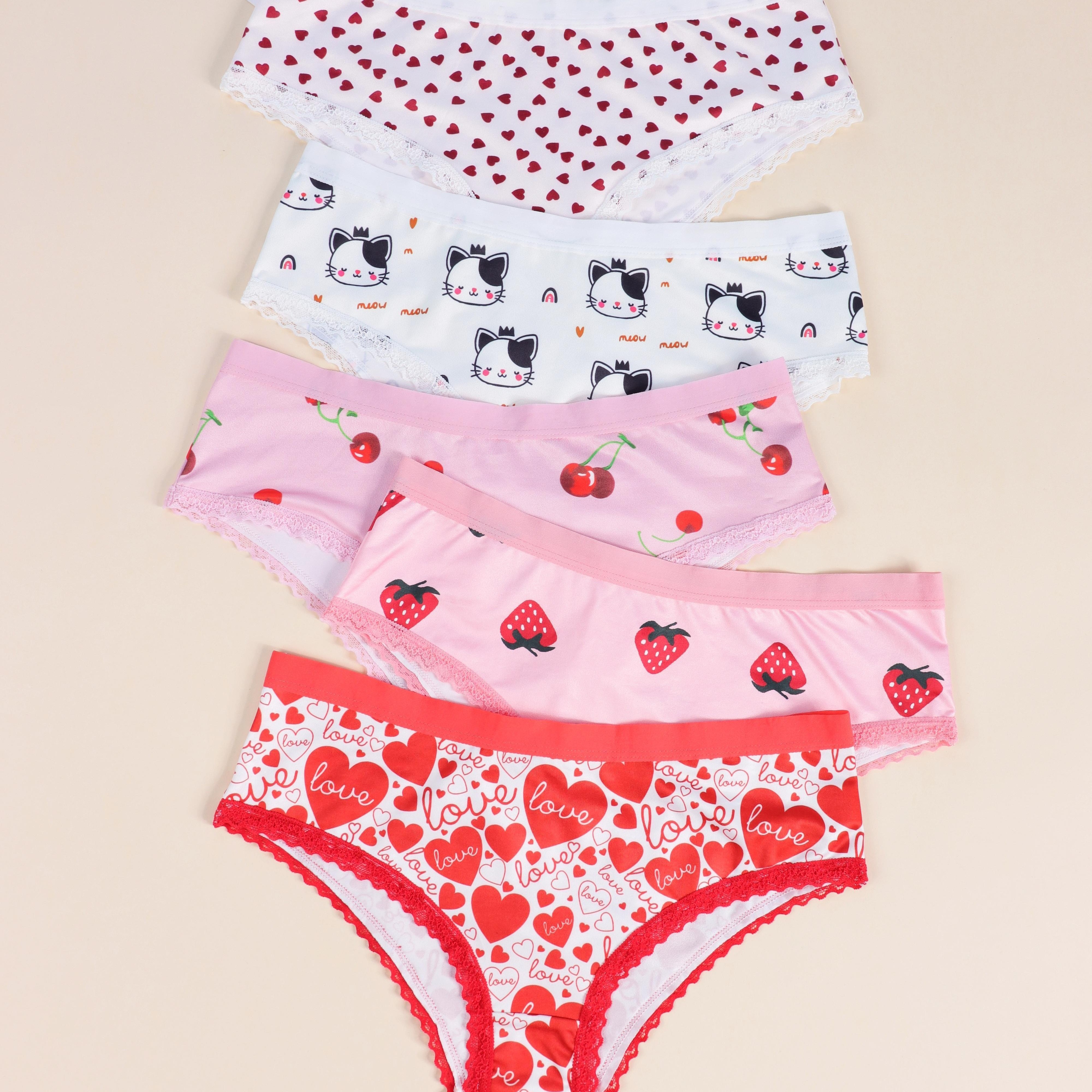 

5 Pcs Valentine's Day Heart & Strawberry Print Panties, Seamless Lace Trim Intimates Briefs, Women's Lingerie & Underwear