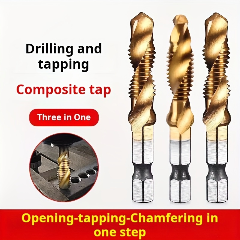 

6-piece Titanium Coated Hss Drill Tap Combination Bit Set, Metric Thread M3 M4 M5 M6 M8 M10, Multi-function Drilling Tapping Chamfering Tool For Screw Tapping Hole Drilling