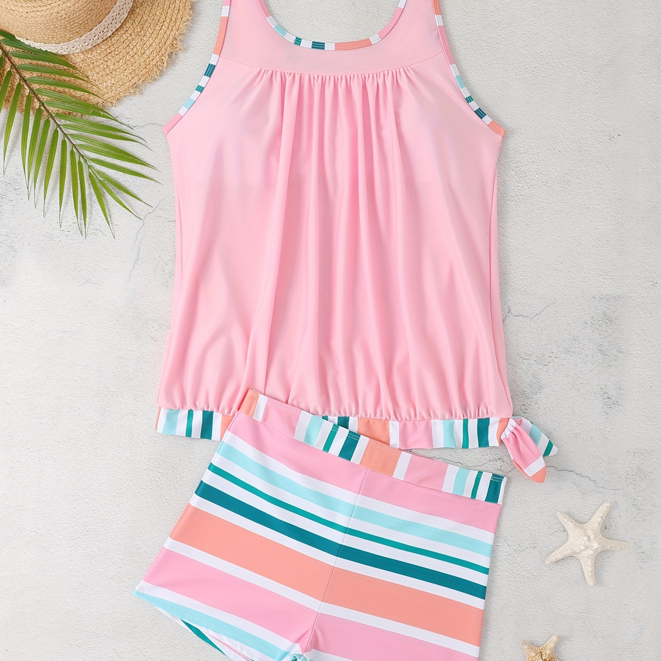 

Women's Tankini 2 Piece Set, Striped Shorts & Ruffle Top, Pinkish Sleeveless Swimwear, Casual Summer Beachwear, Poolside Outfit, Comfort Fit, Breathable Fabric, Fashionable Design