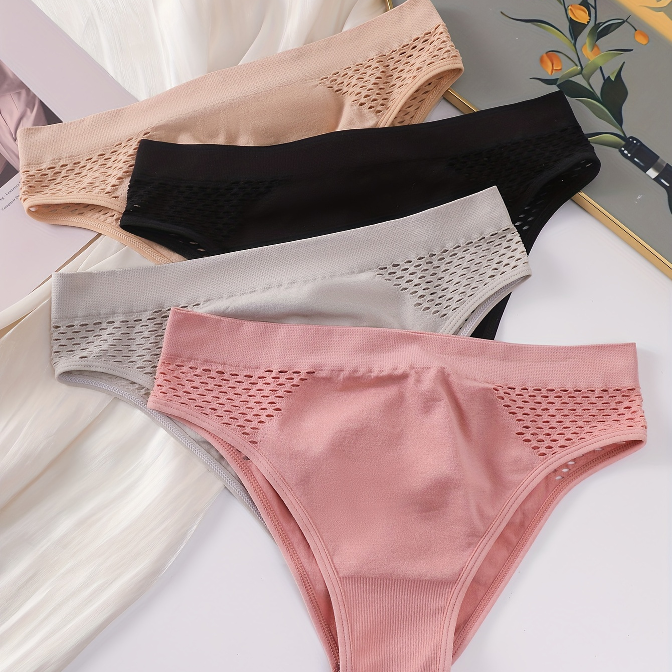 

4pcs Simple Solid Hollow Out Panties, Breathable & Comfy Low Rise Seamless Intimates Panties, Women's Lingerie & Underwear