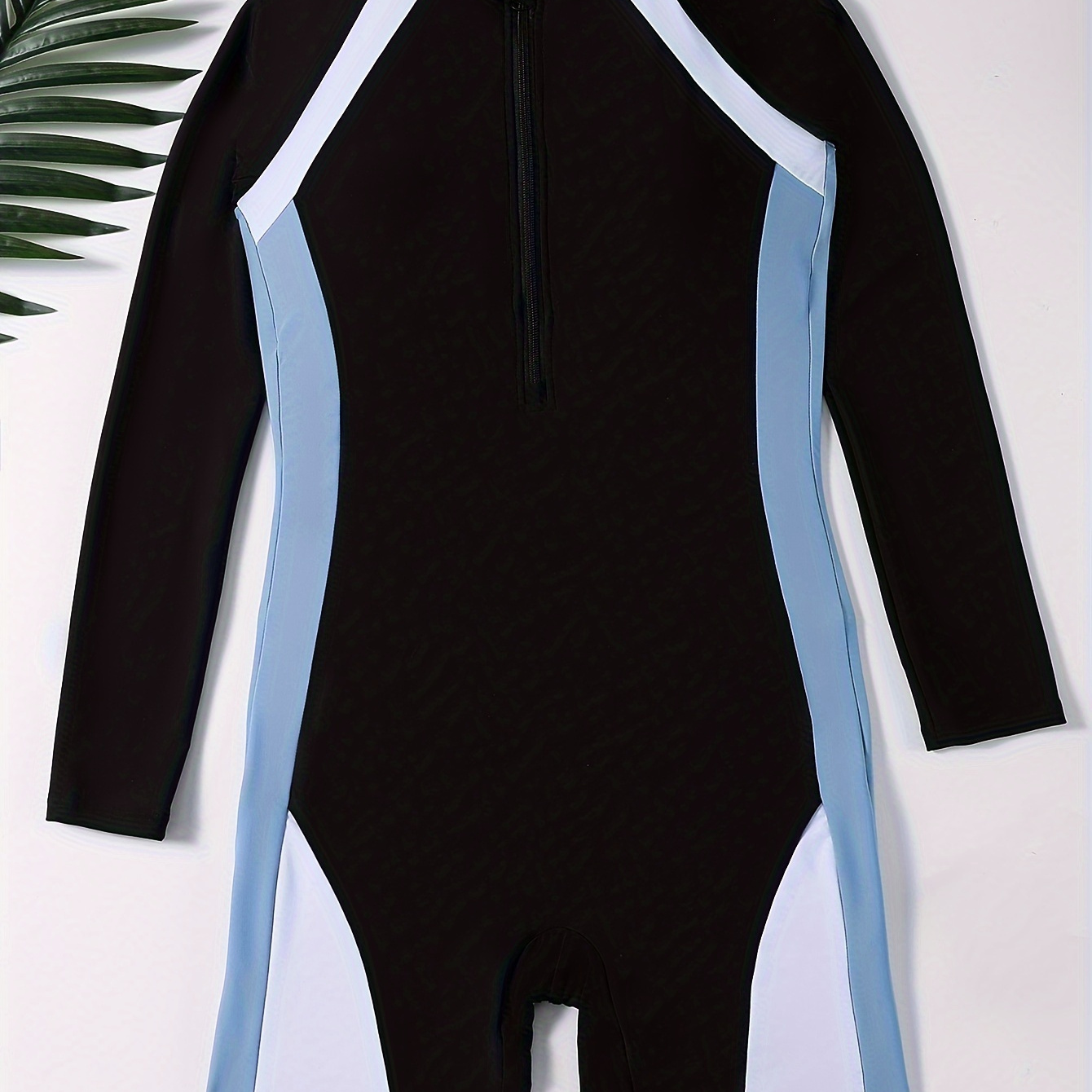 

Contrast Color One-piece Swimsuit, Long Sleeves Half Zipper Water Sports Competitive Bathing Suit, Women's Swimwear & Clothing